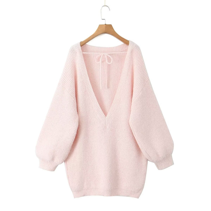 Damen modischer V-Ausschnitt Pullover mit puffärmeligen Details Drune