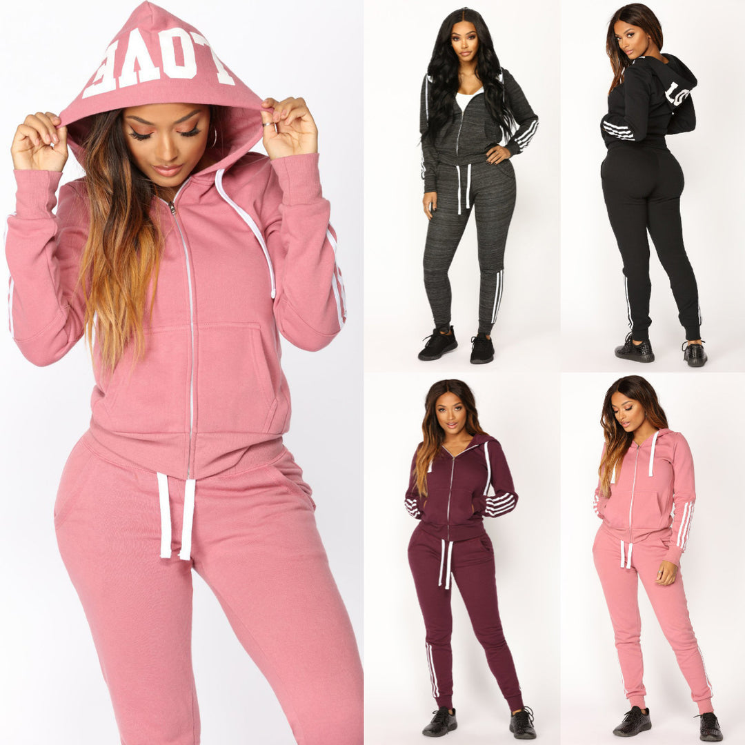 Damen sportliches Zip-Hoodie und Slim-Jogger-Set aus French-Terry mit kontrastierenden Streifen Drune