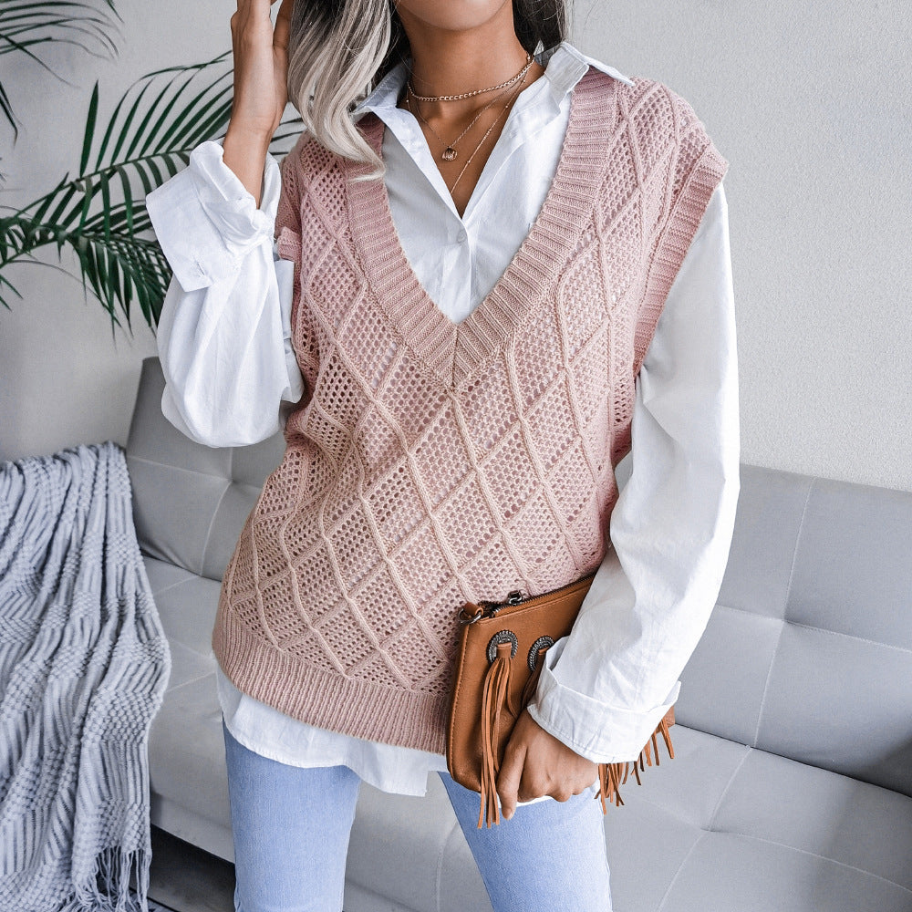 Damen Strickweste mit V-Ausschnitt und karoartigem Muster Drune