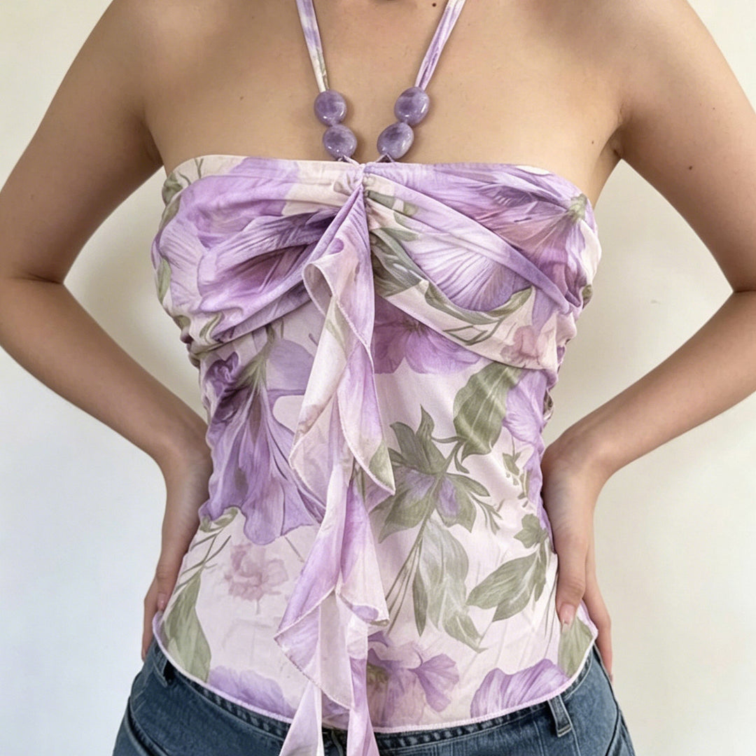 Damen Neckholder-Bluse mit floralem Design und raffiniertem Lockenabschluss Drune