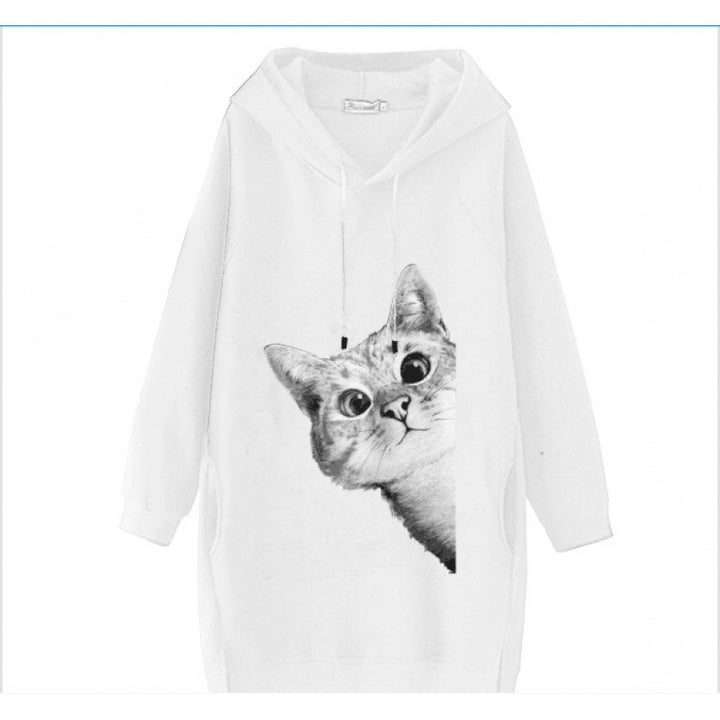 Damen Oversize Kapuzenkleid aus Sweat mit großem Katzenprint und Seitentaschen Drune