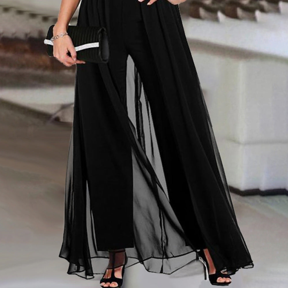 Damen eleganter Empire-Waist-Jumpsuit mit transparenter Überlagerung Drune