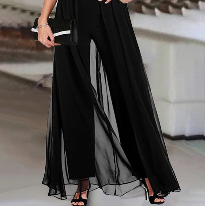 Damen eleganter Empire-Waist-Jumpsuit mit transparenter Überlagerung Drune