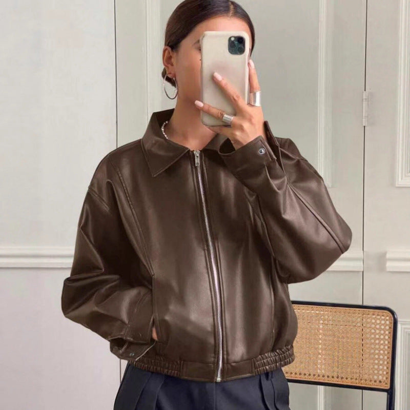 Damen Oversized Lederjacke im Bomberstil mit elastischem Saum Drune