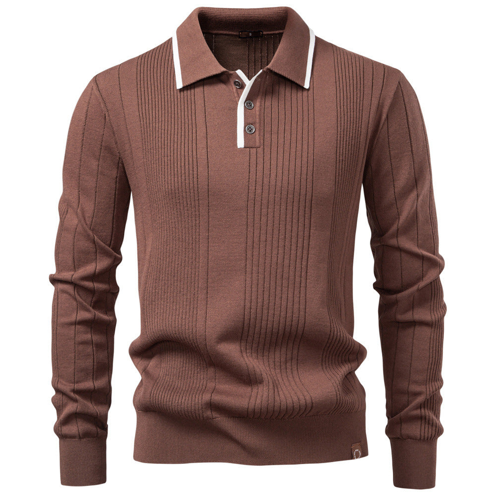 Herren nan langärmeliger Polopullover aus Feinstrick mit vertikalen Rippenintarsien und Kontrastkanten Drune