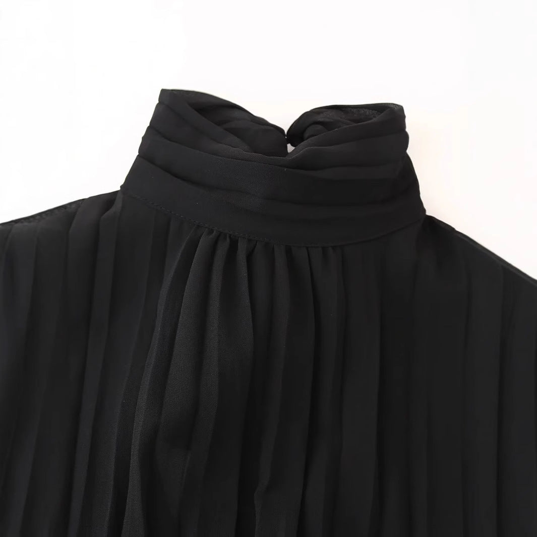 Damen nan Chiffon-Minikleid mit Schleifenkragen, plissierten Langärmeln und tailliertem Rock Drune