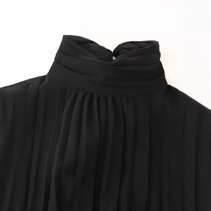 Damen nan Chiffon-Minikleid mit Schleifenkragen, plissierten Langärmeln und tailliertem Rock Drune