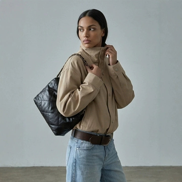 Damen Kurze kastige Canvasjacke mit hohem Stehkragen und Druckknopfleiste Drune