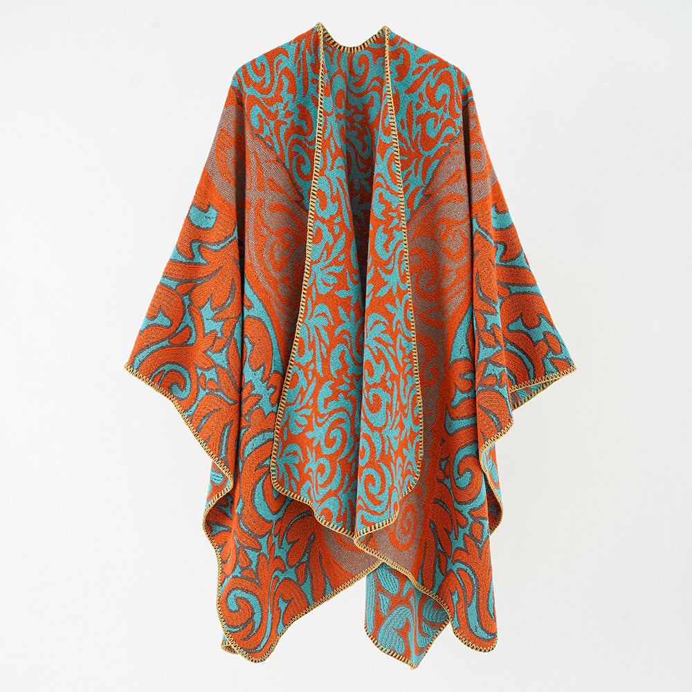 Damen Ornamentaler Jacquard-Capeponcho mit offenem Fall und kastiger Silhouette Drune