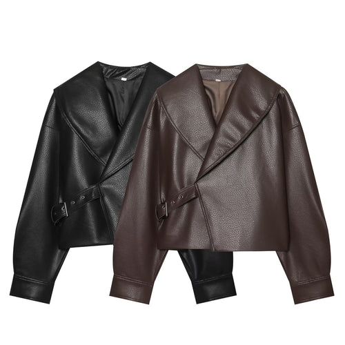 Damen Cropped Lederoptik-Blouson mit übergroßem Schalkragen und asymmetrischem Taillengürtel Drune
