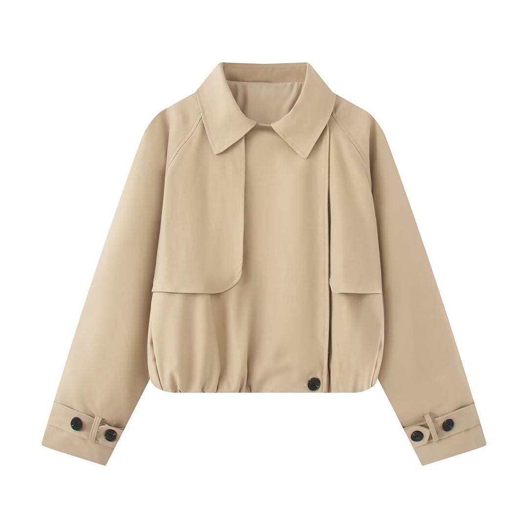 Damen Kurzer Trench-Style Blouson mit verdeckter Knopfleiste und Tunnelzugsaum Drune
