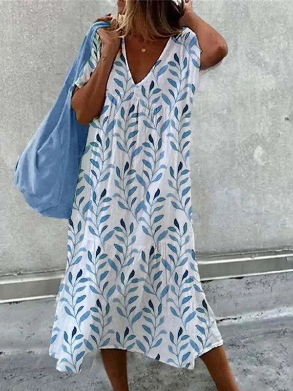 Damen Sommerkleid mit V-Ausschnitt und voluminösem Rock Drune
