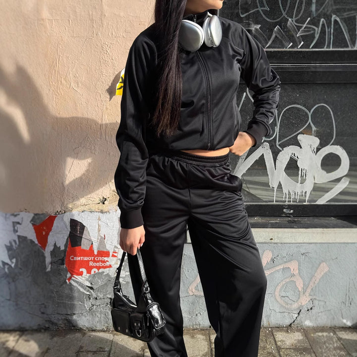 Damen Cropped-Trainingsjacke und hochtaillierte Jogginghose Set aus funktionalem Polyester Drune