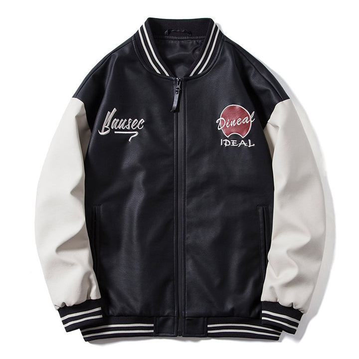 Herren Retro-College-Bomberjacke aus Kunstleder mit gestickten Logos und Rippsaum Drune