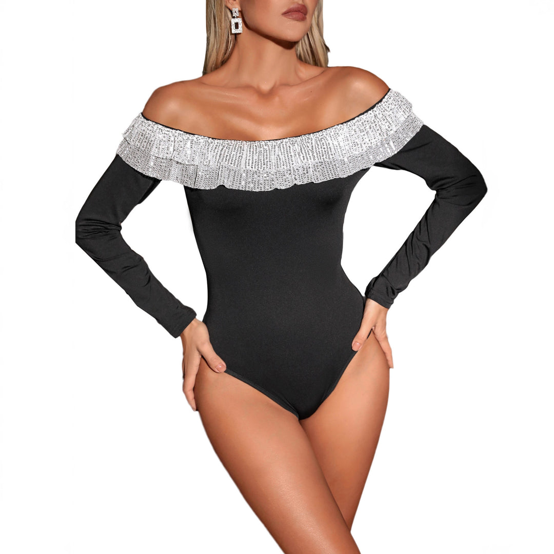 Damen Schulterfreier Bodysuit mit Pailletten-Volant und Langarm Drune