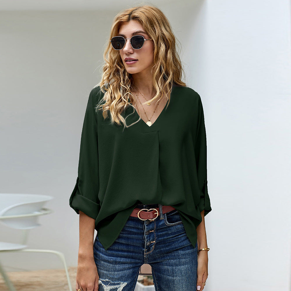 Damen Bluse mit V-Ausschnitt und lässigen langen Ärmeln Drune