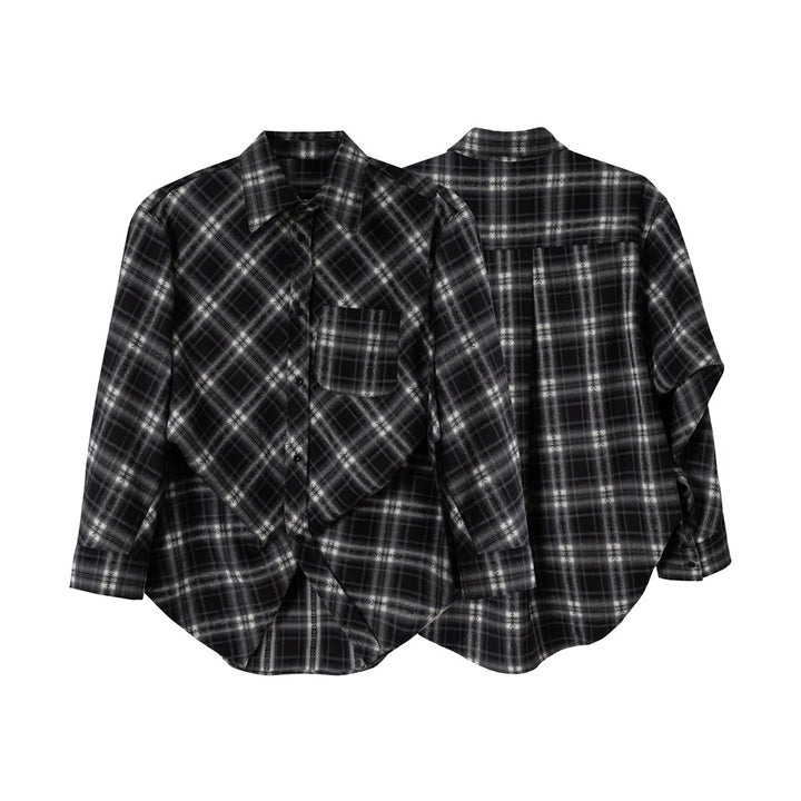 Unisex Karierte Oversize‑Flanell‑Hemdjacke im Layering‑Look mit abgerundetem Saum und Brusttasche Drune
