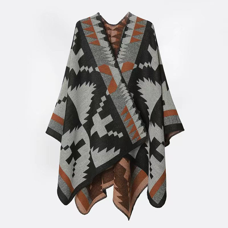 Damen Oversize-Capeponcho im Azteken-Jacquard aus weichem Wollmix mit asymmetrischem Zipfelsaum Drune