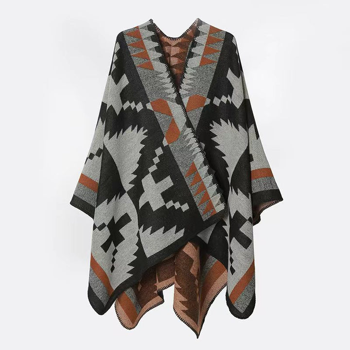 Damen Oversize-Capeponcho im Azteken-Jacquard aus weichem Wollmix mit asymmetrischem Zipfelsaum Drune