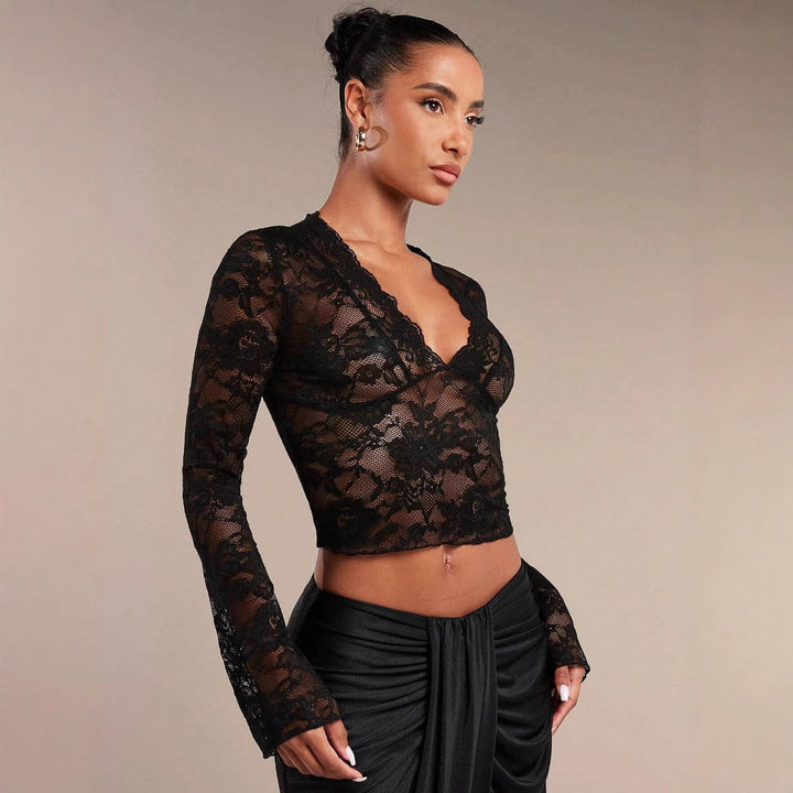 Damen nan transparente Spitzenbluse mit V-Ausschnitt, tailliert und Trompetenärmeln Drune