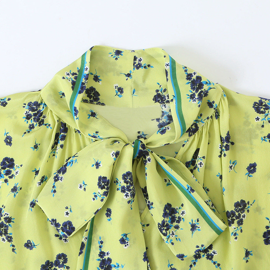 Damen Florale Satin-Schleifenbluse mit weitem Fall und Retro-Print Drune