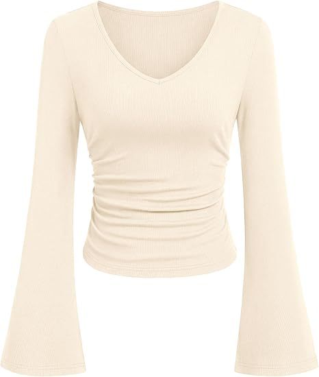 Damen Geripptes Cropped-Top mit V-Ausschnitt, taillierter Raffung und ausgestellten Trompetenärmeln Drune