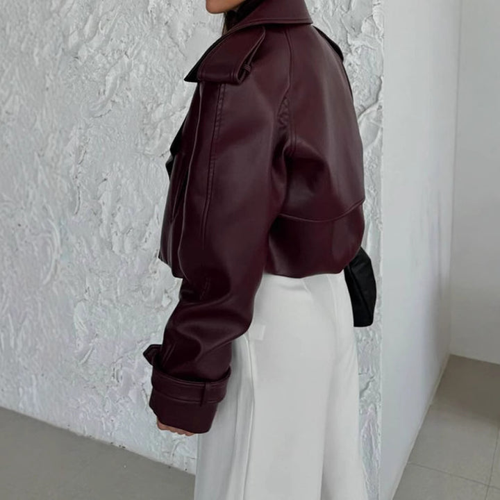Damen Kunstlederjacke im modischen Biker-Stil mit breitem Revers Drune