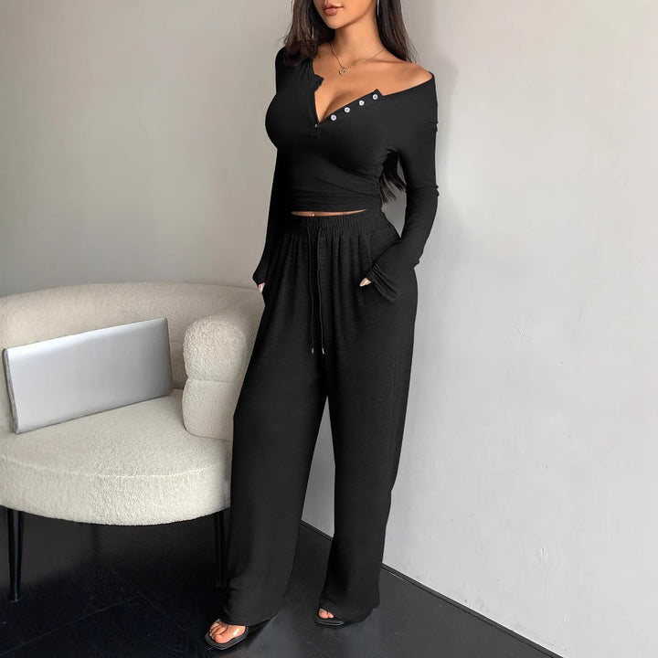 Damen Casual Rippstrick Lounge-Set mit Off-Shoulder Henley-Oberteil und weit geschnittenen Jogginghosen Drune