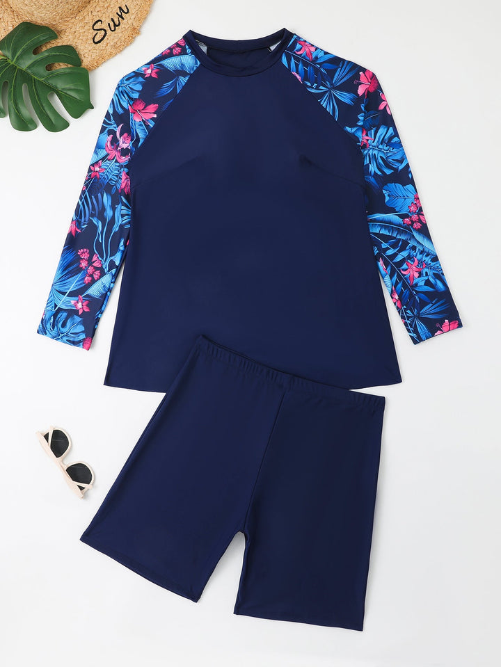 Damen UV-Schutz Surfanzug Set mit langen Ärmeln und farbenfrohem Blattmuster Drune