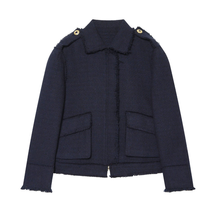 Damen Bouclé‑Tweed Kurzblouson mit Fransen‑Detail, Pattentaschen und Schulterpatten Drune