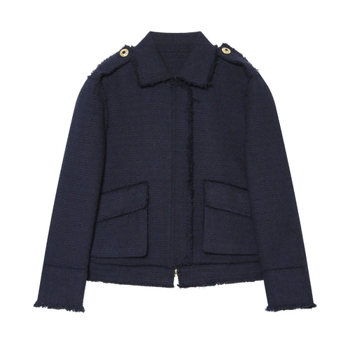 Damen Bouclé‑Tweed Kurzblouson mit Fransen‑Detail, Pattentaschen und Schulterpatten Drune