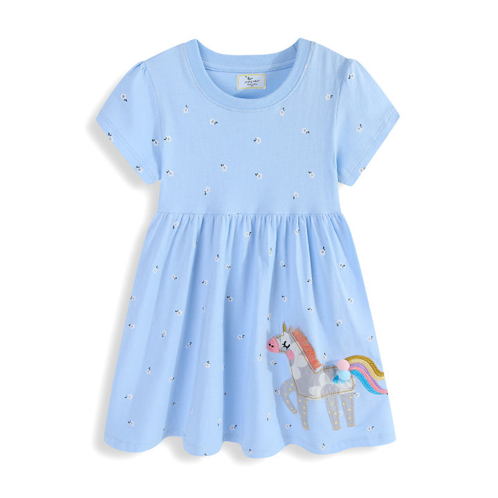 Mädchen Baumwollkleid mit süßer Einhorn-Stickerei Drune