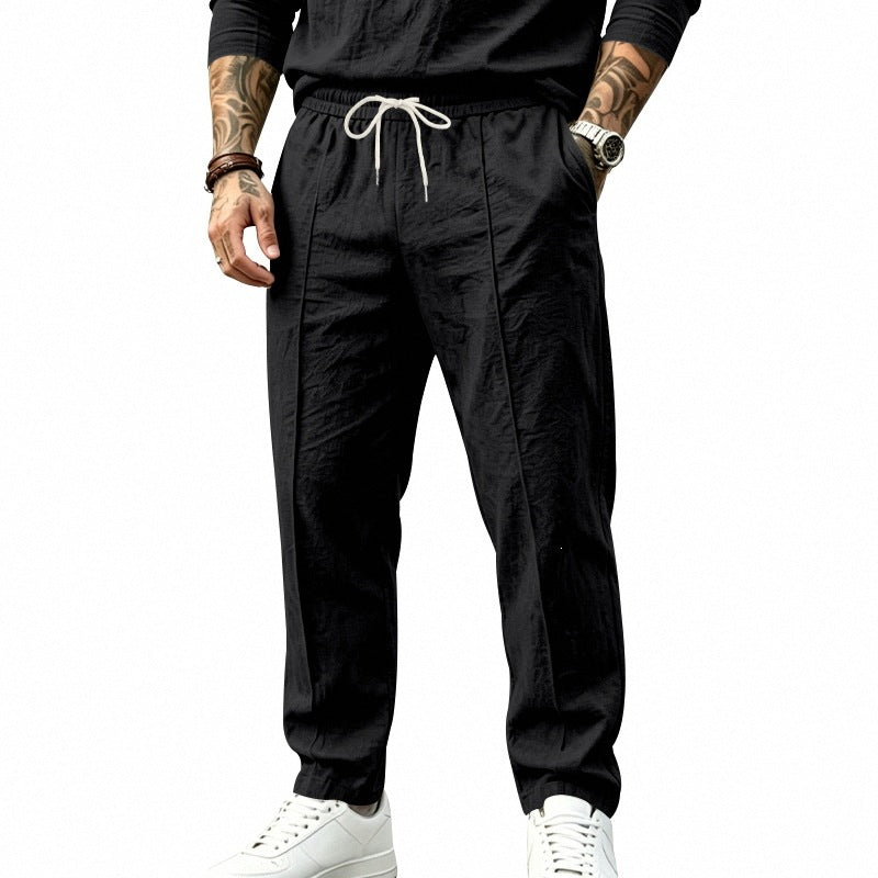 Herren Tapered-Freizeithose mit Tunnelzug, Bügelfalte und elastischem Saum Drune
