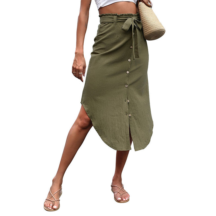 Damen lässiger Wickelrock mit taillierbarem Bindegürtel und Knopfdetails Drune