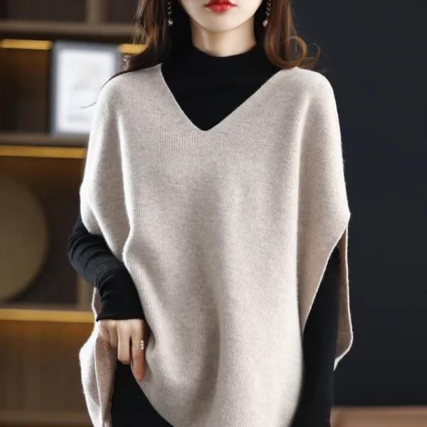 Damen Strickponcho mit V-Ausschnitt Drune