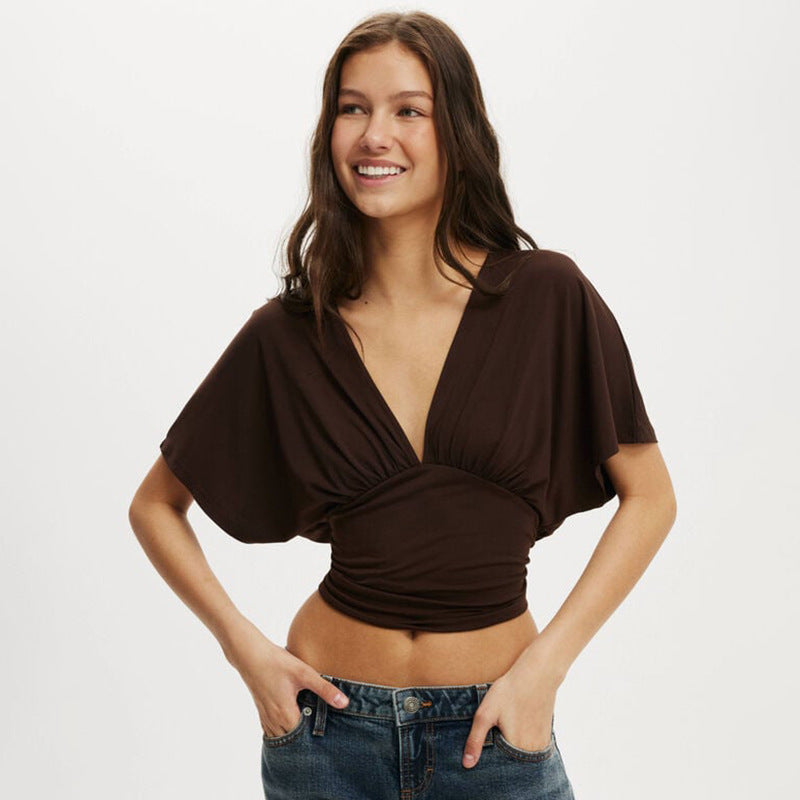 Damen elegantes Wickeloberteil mit voluminösenÄrmeln und tiefem V-Ausschnitt Drune