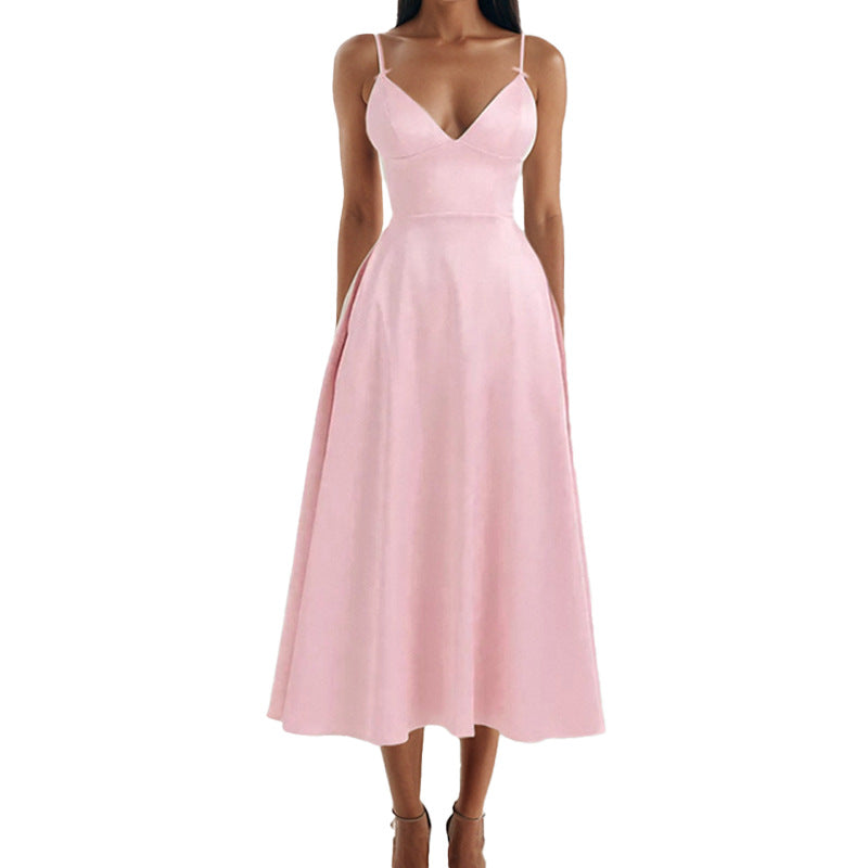 Damen Sommermaxikleid mit elegantem V-Ausschnitt und fließendem Rock Drune