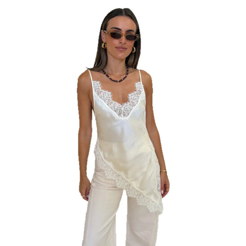 Damen Satin Top mit Spitzenverzierungen Drune