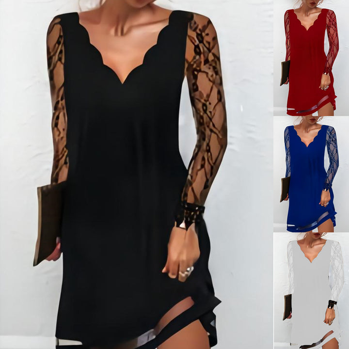 Damen Spitzenkleid mit V-Ausschnitt und eleganten Ärmeln Drune