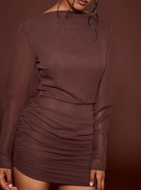 Damen Figurbetontes Minikleid mit geraffter Hüftpartie und transparenten Chiffonärmeln Drune