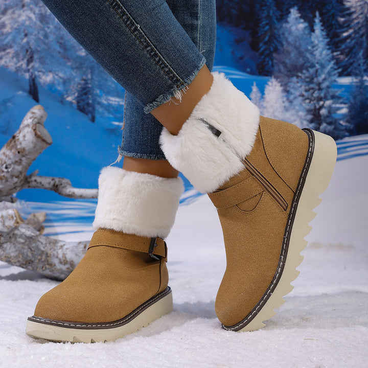 Damen Gefütterte Kurzstiefelette mit Kunstfellkragen, Velours‑Optik und Zierschnalle Drune