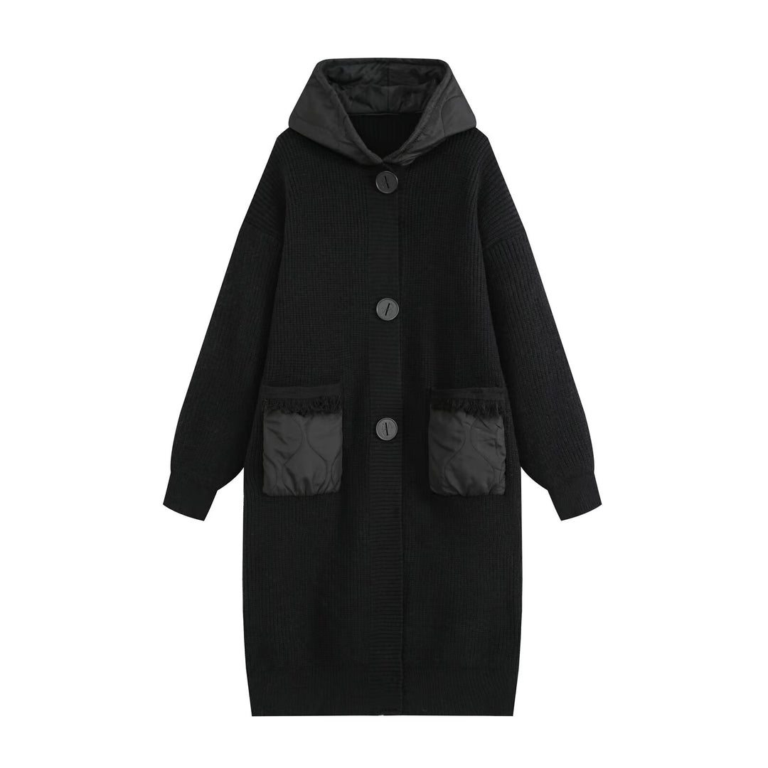 Damen Longline Grobstrickmantel mit gesteppter Kapuze und übergroßen Fronttaschen Drune