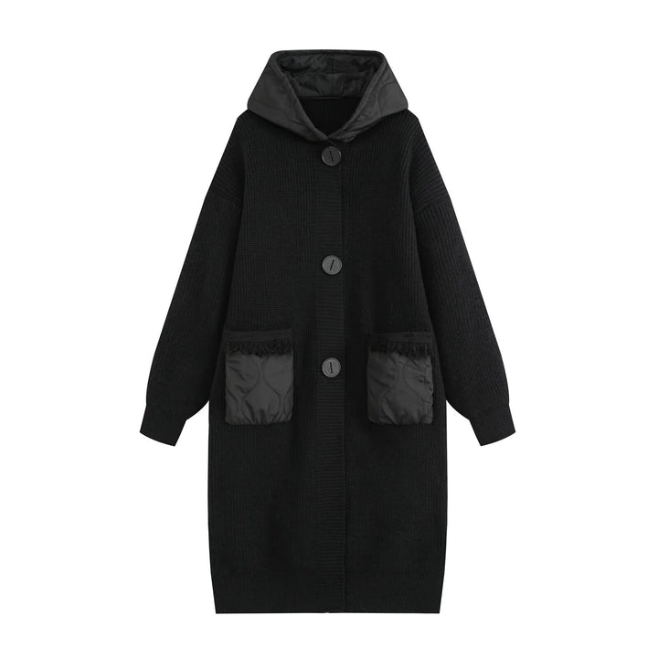 Damen Longline Grobstrickmantel mit gesteppter Kapuze und übergroßen Fronttaschen Drune