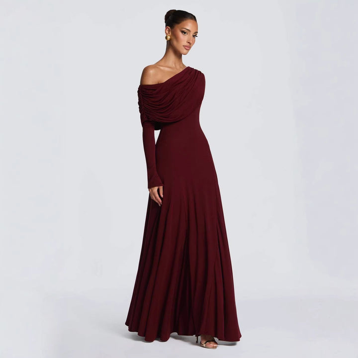 Damen Elegantes Langarm-Maxikleid mit asymmetrischem Drapierungsdetail Drune