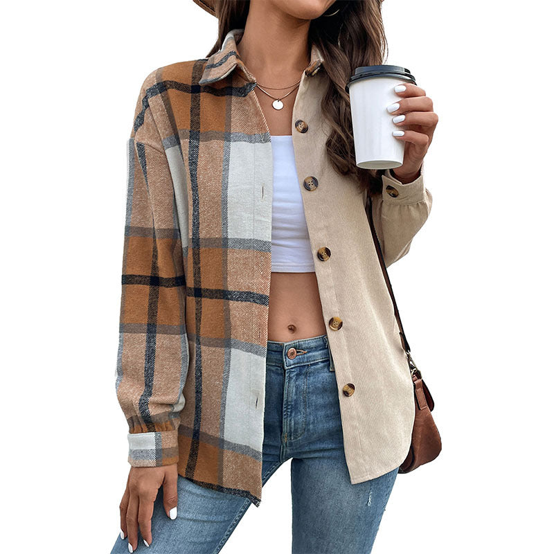 Damen Oversize‑Hemdjacke mit zweigeteilter Karo‑ und Uni‑Optik und Knopfleiste Drune