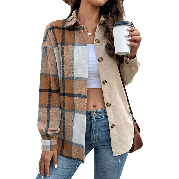 Damen Oversize‑Hemdjacke mit zweigeteilter Karo‑ und Uni‑Optik und Knopfleiste Drune