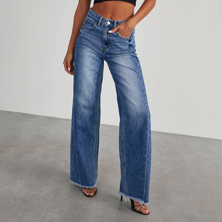 Damen High-Waist Schlagjeans mit weitem Bein und ausgefranstem Saum Drune