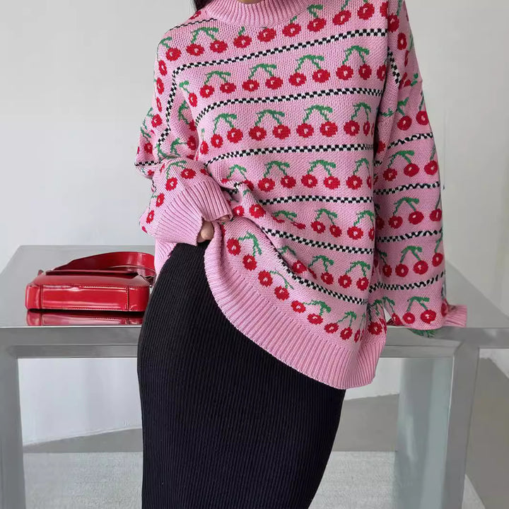 Damen trendiger Strickpullover mit fröhlichem Kirschmotiv Drune