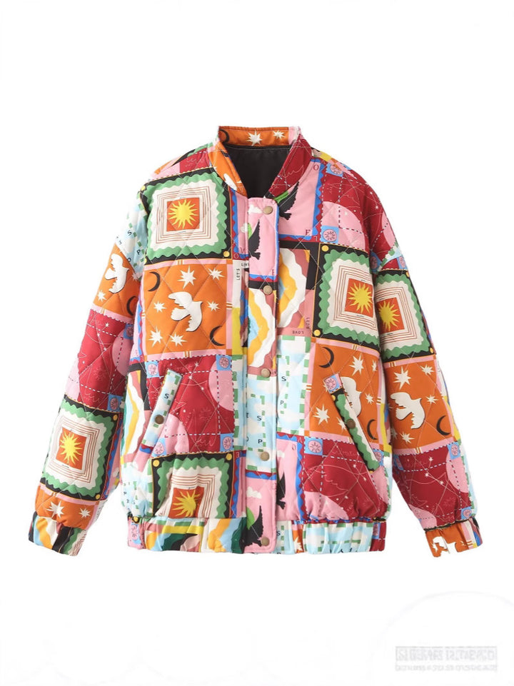 Damen gestepptes Quilt-Design Jacke mit bunten Mustern Drune