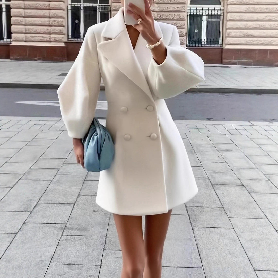 Damen eleganter Doppelreihiger Blazer-Kleid mit voluminösen Ärmeln Drune